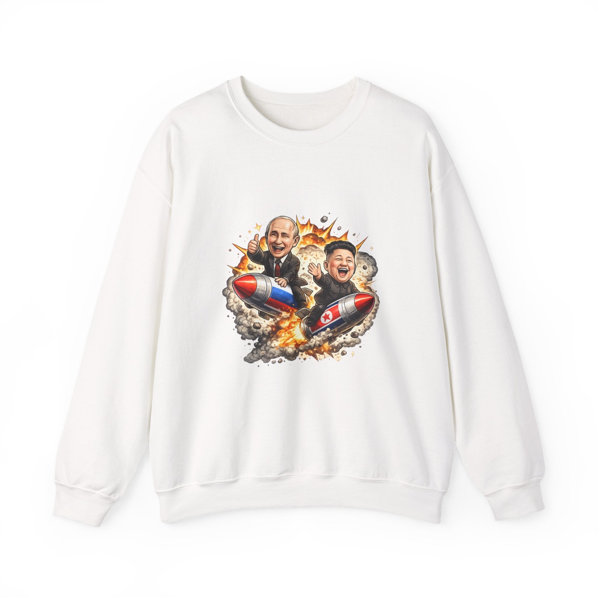 Novelty Crewneck Sweatshirt — Cartoon Rocket Duo Explosion Graphic
