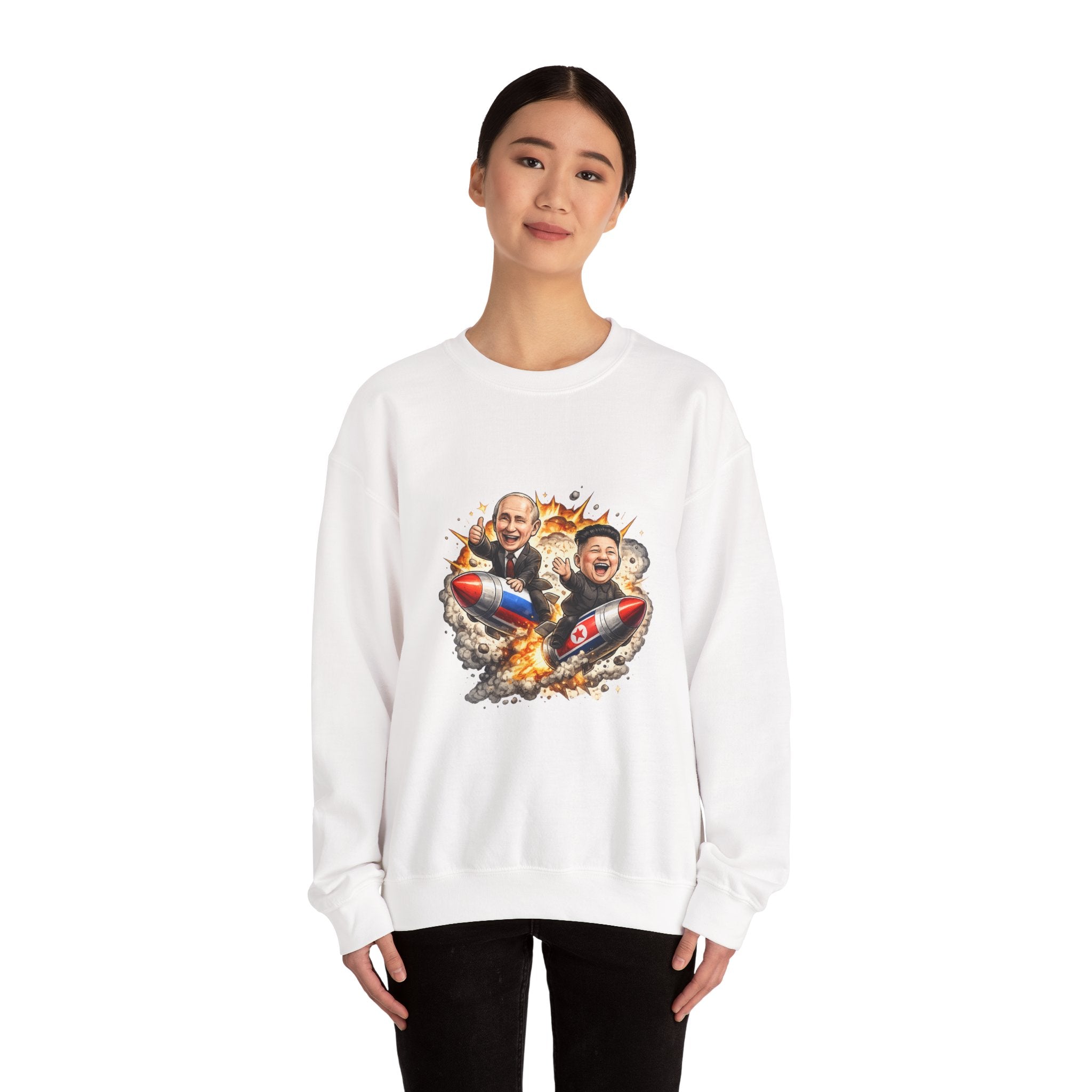 Novelty Crewneck Sweatshirt — Cartoon Rocket Duo Explosion Graphic