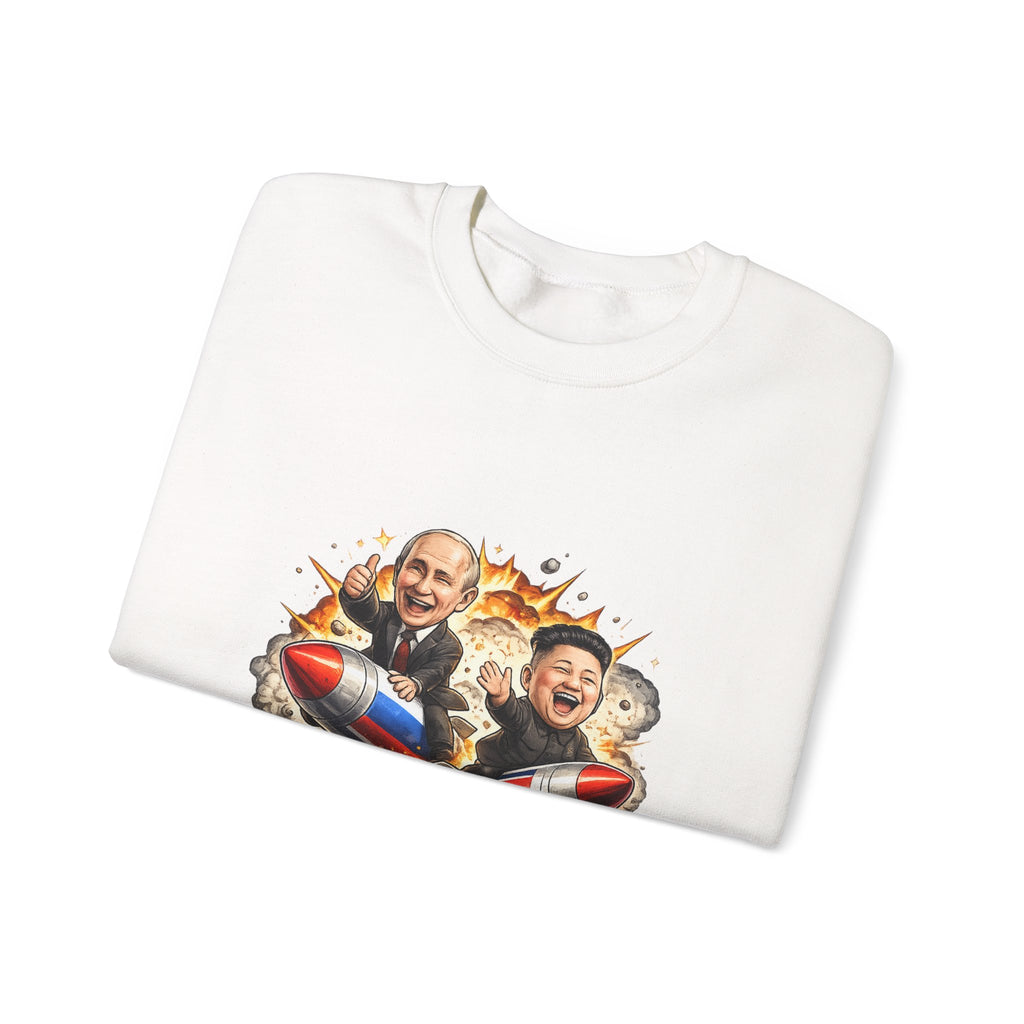 Novelty Crewneck Sweatshirt — Cartoon Rocket Duo Explosion Graphic